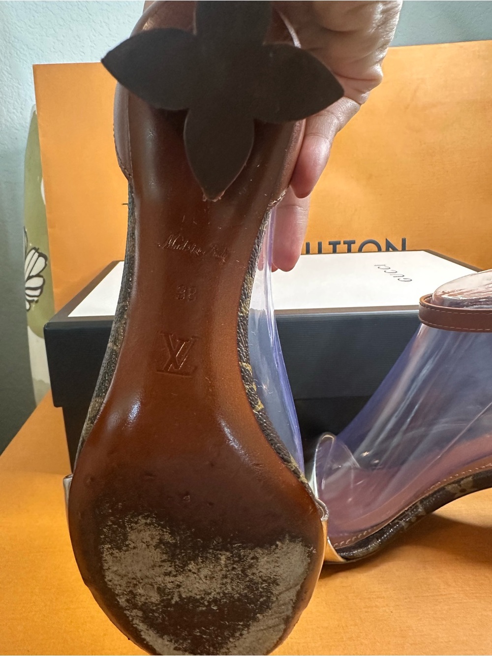 Louis Vuitton Brown and Gold Clear Ankle-Strap Block Heels - Picture 7 of 8